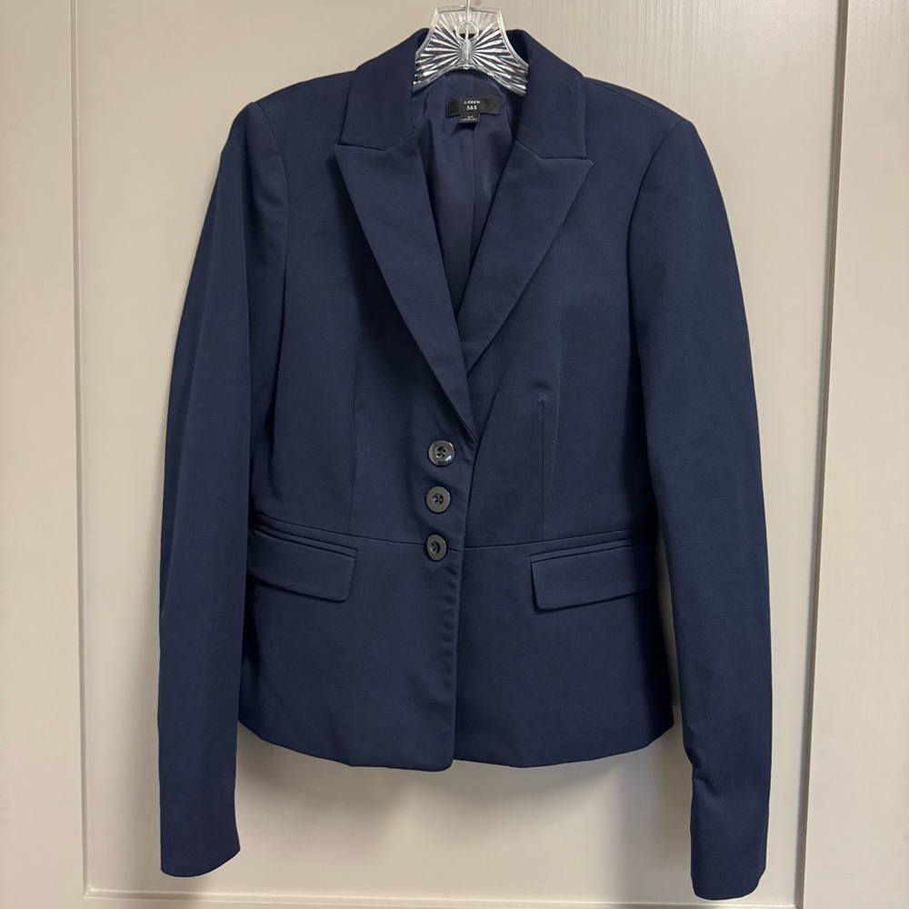 J. Crew Navy Blazer in 2 Way Stretch Cotton 3 Button Fully Lined Size 4 Tall